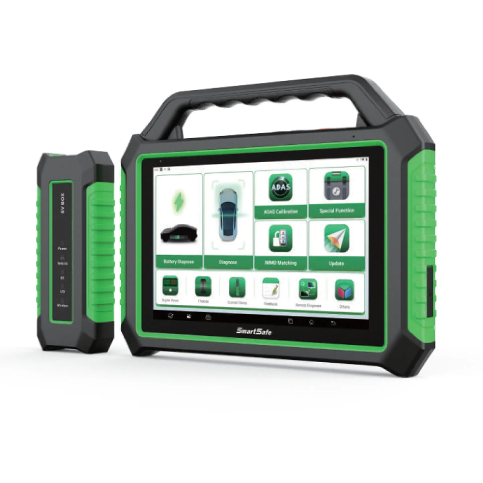 Escáner automotriz SmartSafe P01 para diagnóstico multimarca de vehículos eléctricos, híbridos y de combustión.